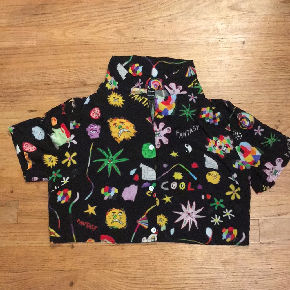 Women’s Black Short-Sleeve Button-Down Shirt with Multicolor Graphic Print